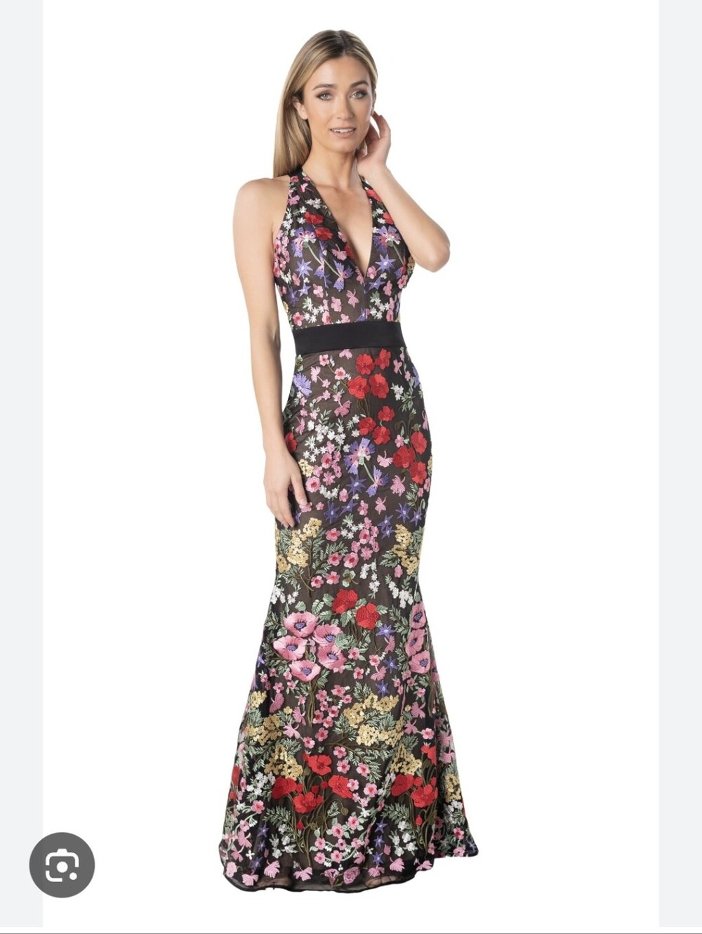 Dress the Population Black Maxi Dress with Floral Embroidery Accents